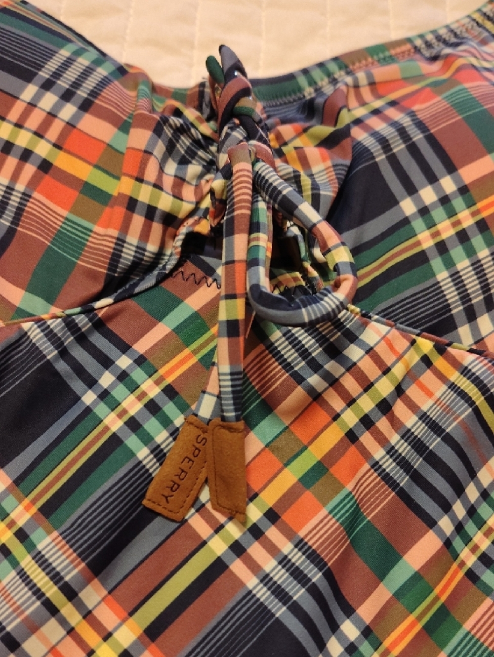 Sperry Plaid-Trim One-Piece Swimsuit in Navy, Pink & Yellow NWT - Picture 2 of 3